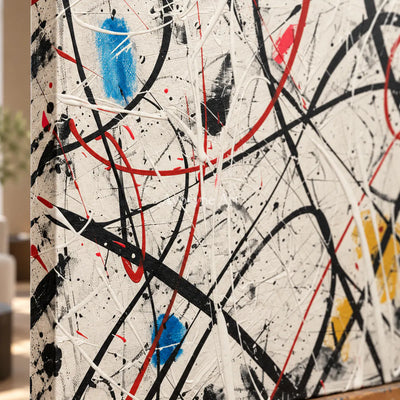 Lines Without a Map: White Abstract Wall Art with Black Drip Lines — detail easel