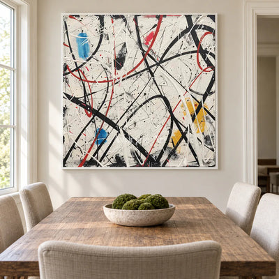 Lines Without a Map: White Abstract Wall Art with Black Drip Lines — dining white