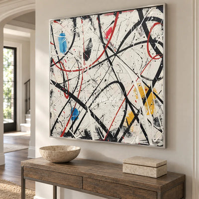 Lines Without a Map: White Abstract Wall Art with Black Drip Lines — entry silver