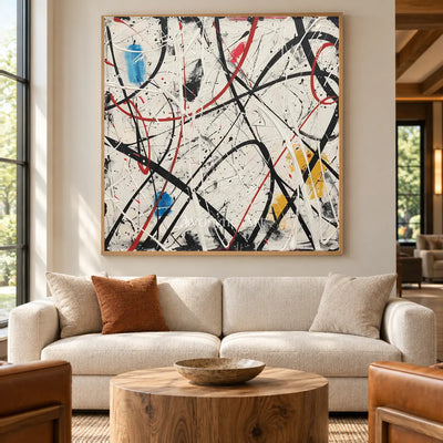 Lines Without a Map: White Abstract Wall Art with Black Drip Lines — hotel wood