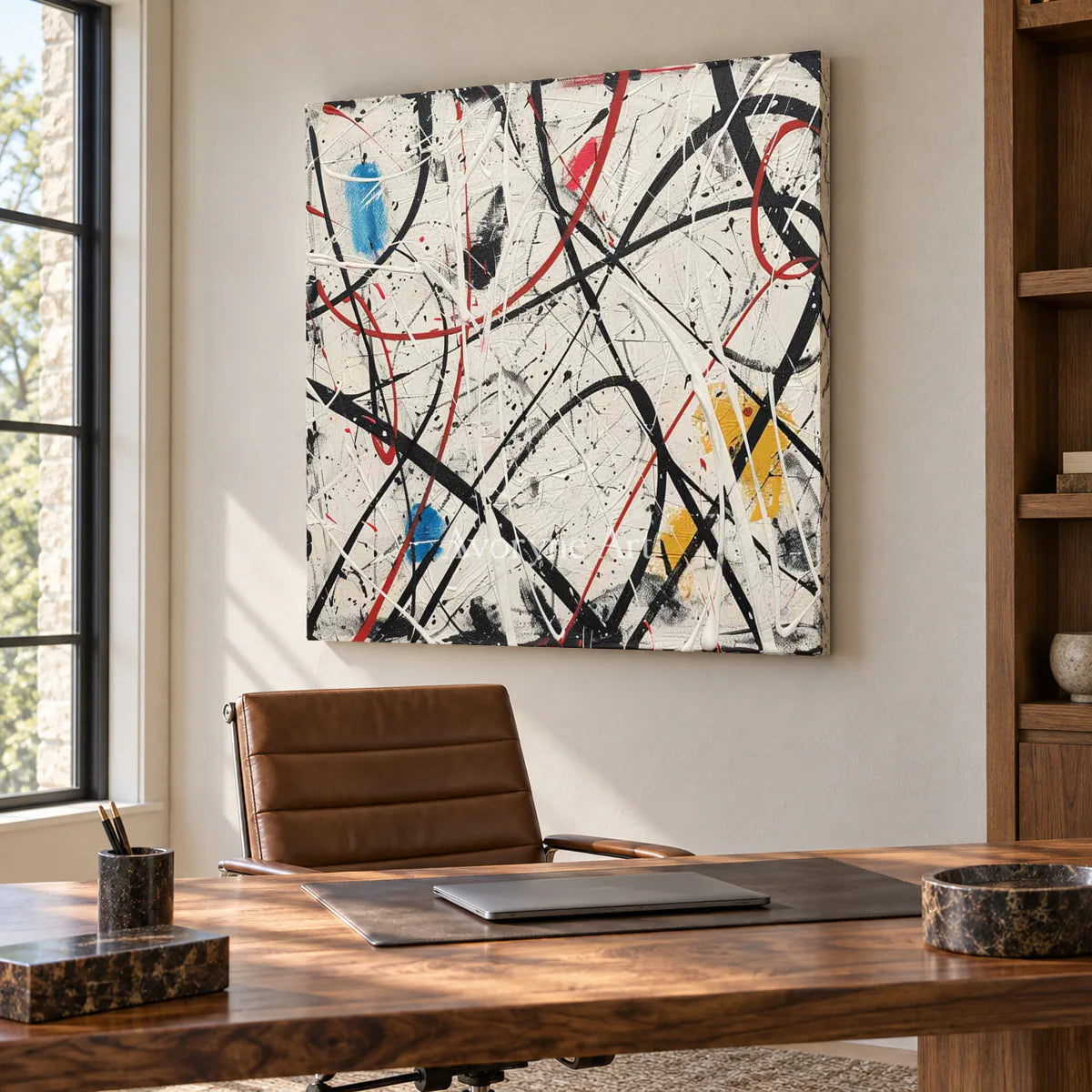Lines Without a Map: White Abstract Wall Art with Black Drip Lines — office frameless