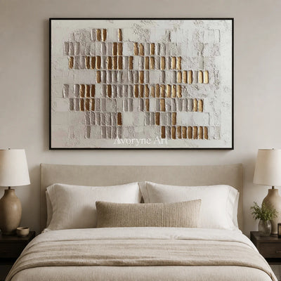 Gilded Sequence: White and Gold-Tone Textured Wall Art — bedroom black
