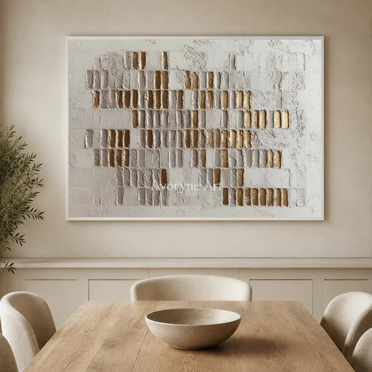 Gilded Sequence: White and Gold-Tone Textured Wall Art — dining white