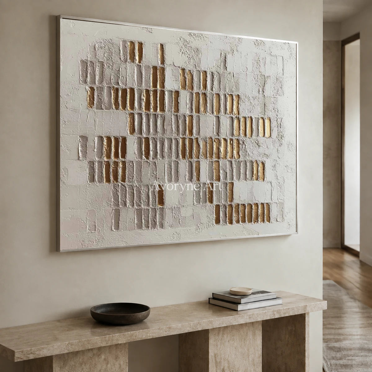 Gilded Sequence: White and Gold-Tone Textured Wall Art — entry silver