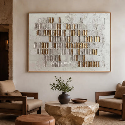 Gilded Sequence: White and Gold-Tone Textured Wall Art — hotel wood