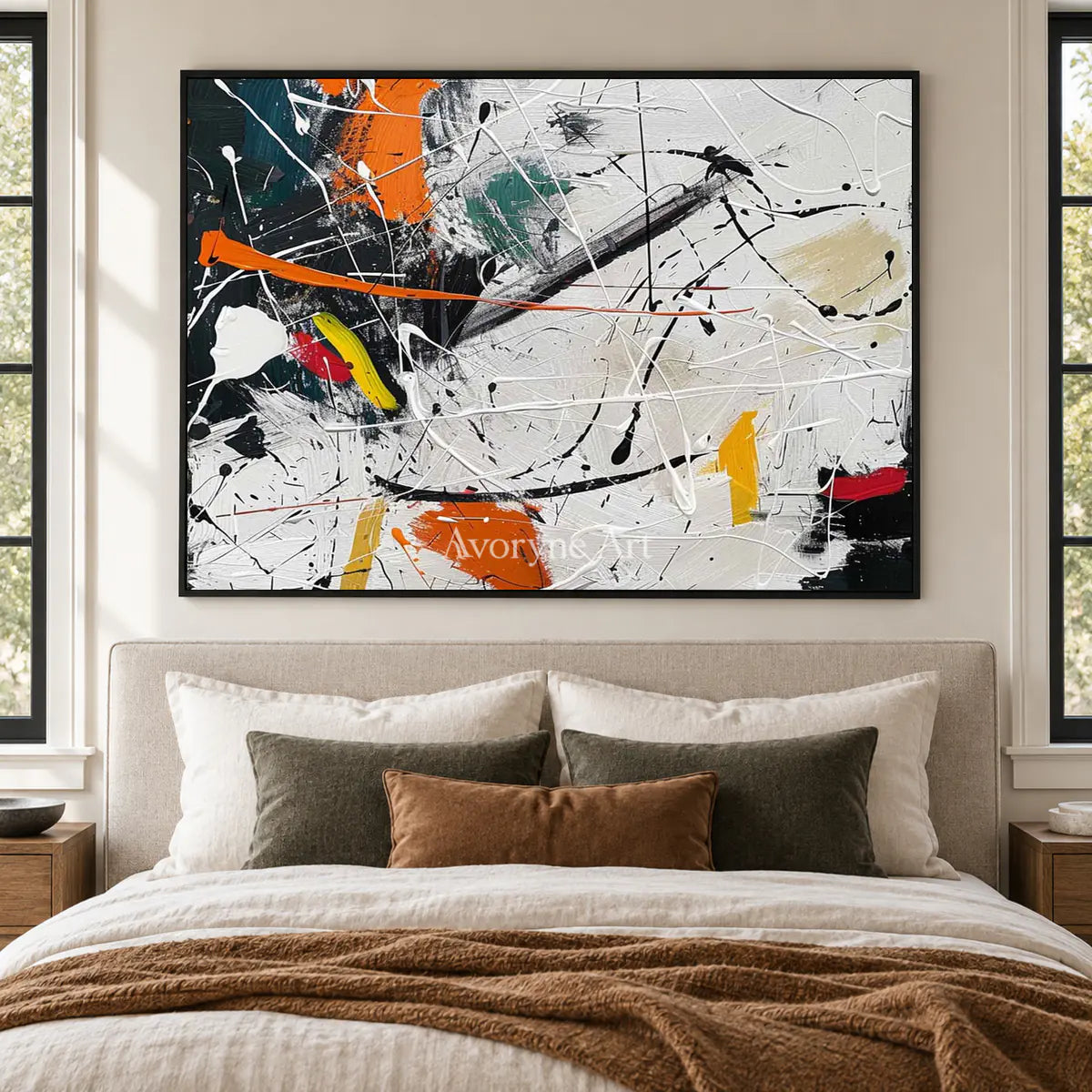Orange Interruption: White and Orange Drip Abstract Wall Art — bedroom black