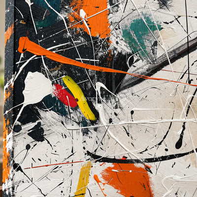 Orange Interruption: White and Orange Drip Abstract Wall Art — detail easel