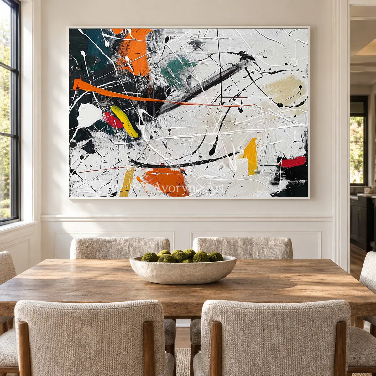 Orange Interruption: White and Orange Drip Abstract Wall Art — dining white
