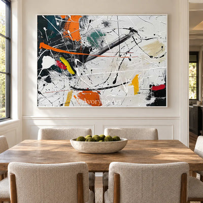 Orange Interruption: White and Orange Drip Abstract Wall Art — dining white