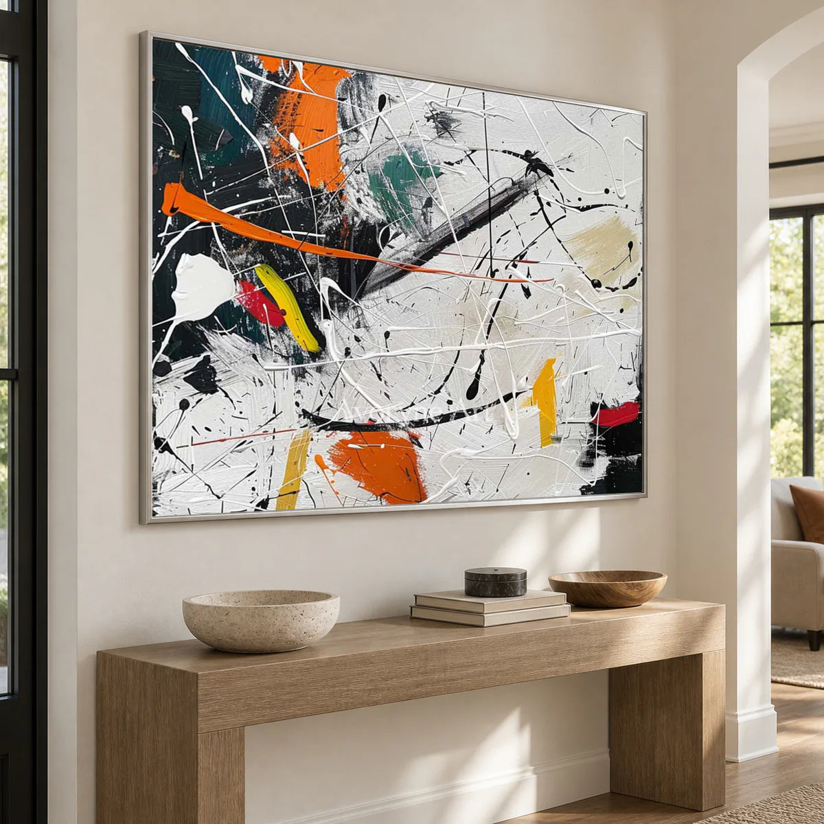 Orange Interruption: White and Orange Drip Abstract Wall Art — entry silver