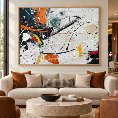 Orange Interruption: White and Orange Drip Abstract Wall Art — hotel wood