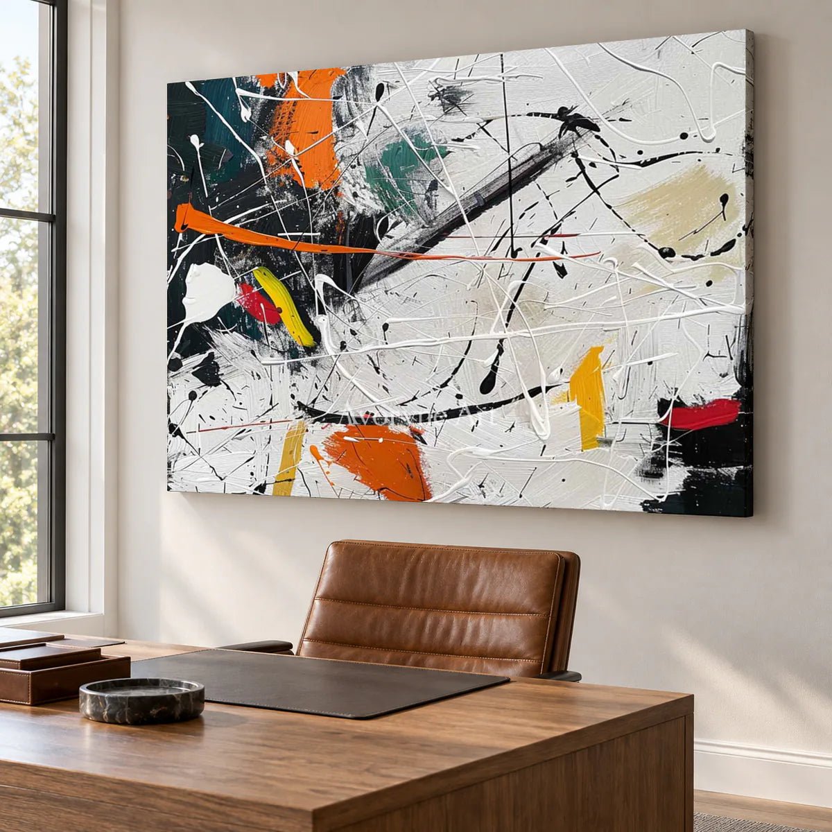Orange Interruption: White and Orange Drip Abstract Wall Art — office frameless