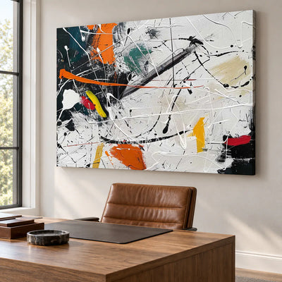 Orange Interruption: White and Orange Drip Abstract Wall Art — office frameless