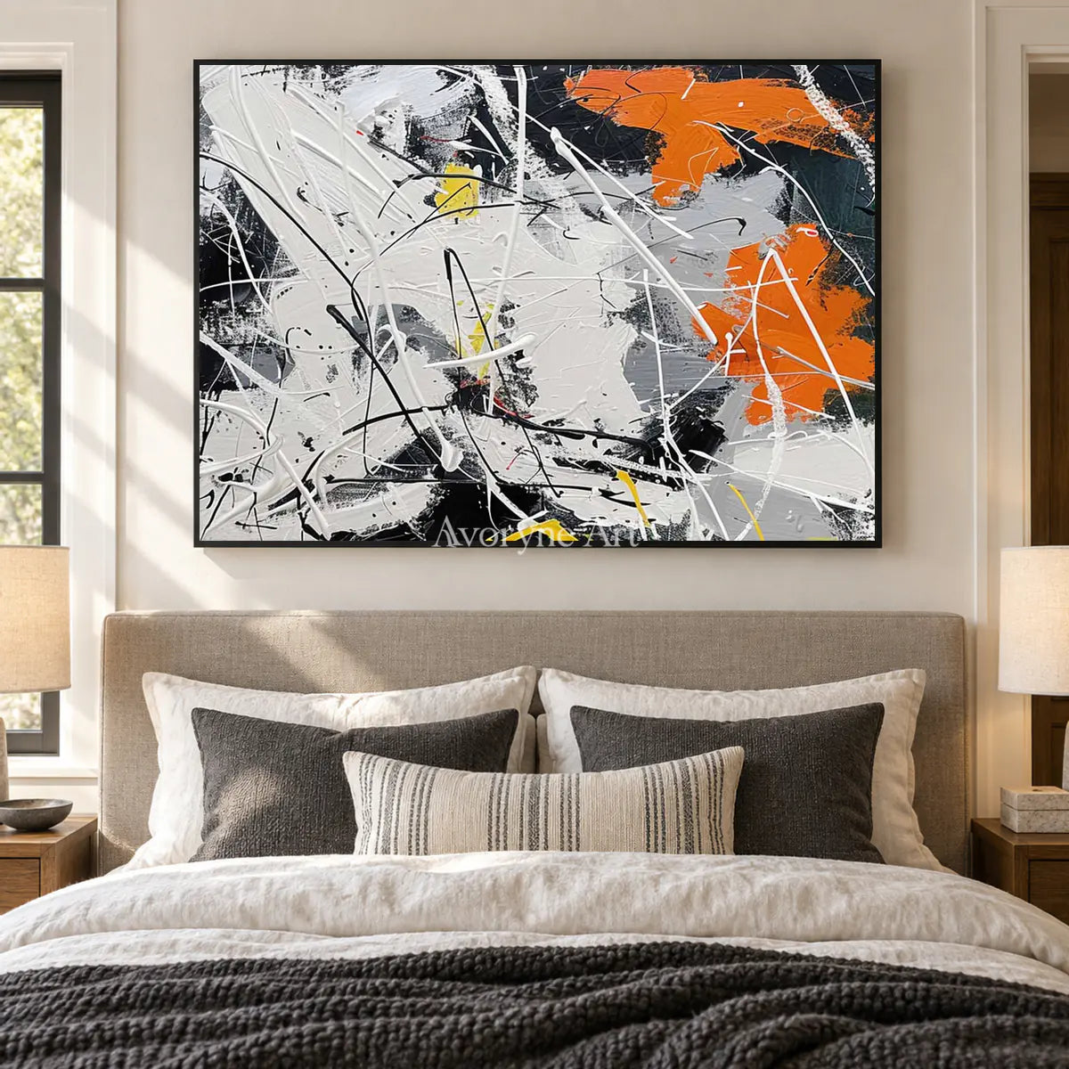 White Field in Motion: White and Orange Textured Abstract Wall Art — bedroom black