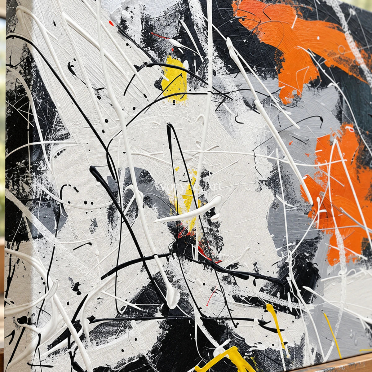 White Field in Motion: White and Orange Textured Abstract Wall Art — detail easel