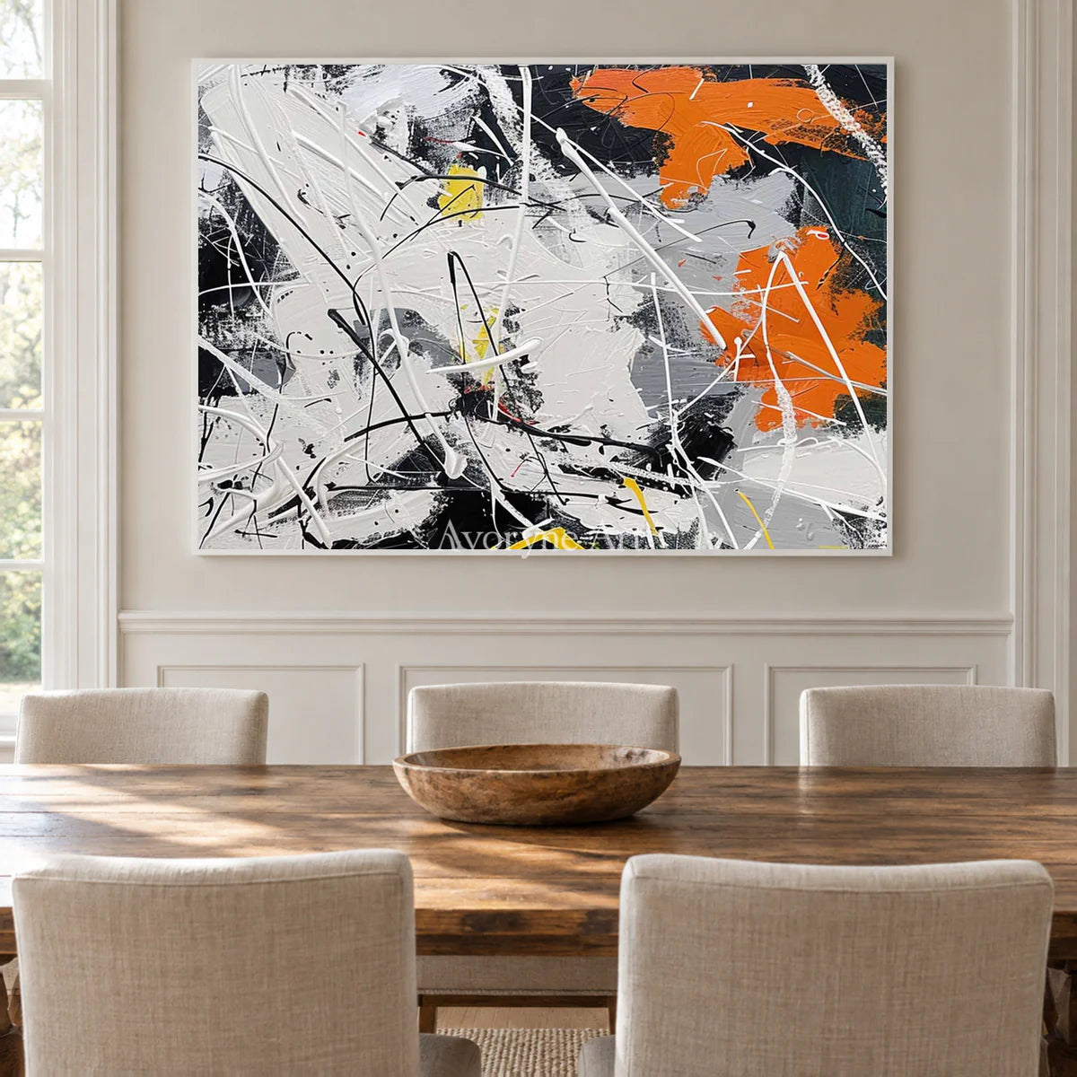 White Field in Motion: White and Orange Textured Abstract Wall Art — dining white