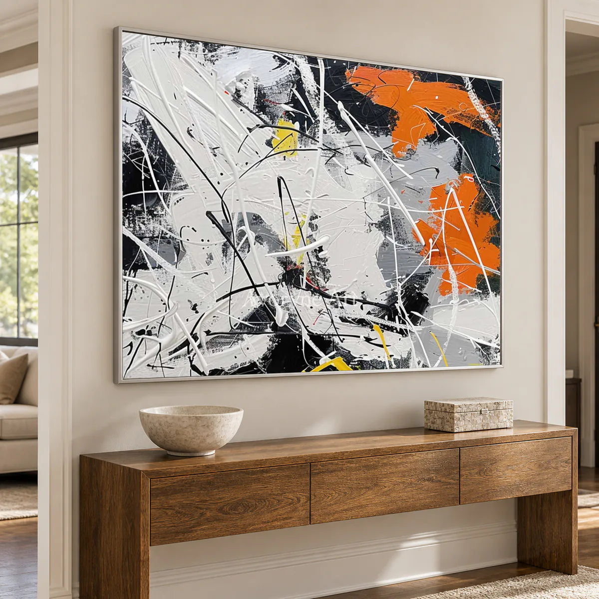 White Field in Motion: White and Orange Textured Abstract Wall Art — entry silver