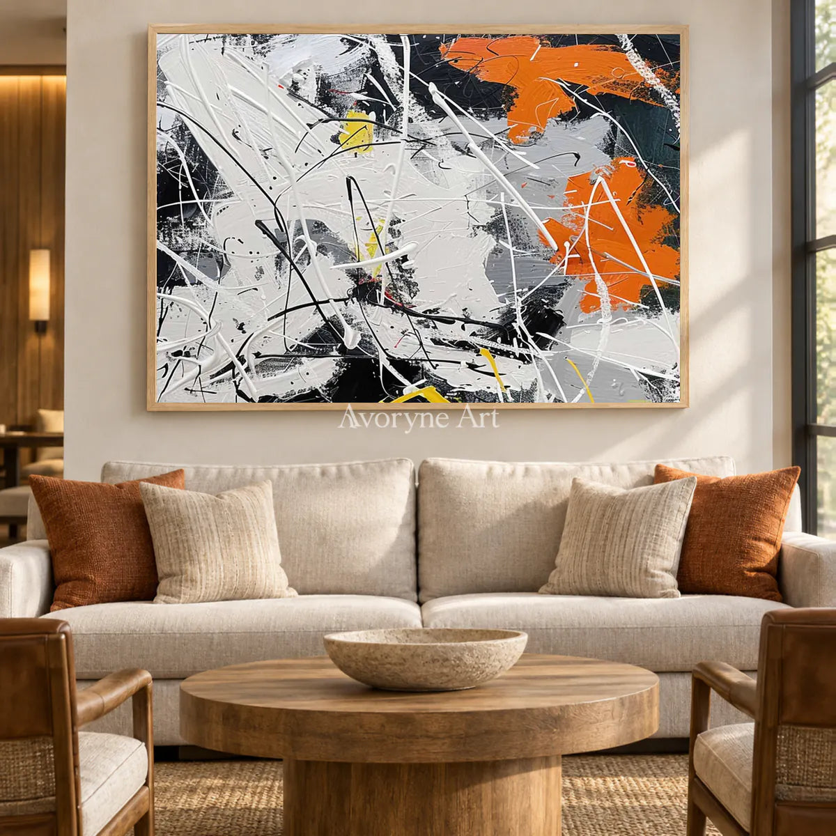 White Field in Motion: White and Orange Textured Abstract Wall Art — hotel wood