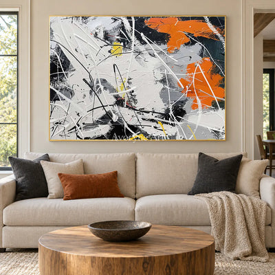 White Field in Motion: White and Orange Textured Abstract Wall Art — living gold