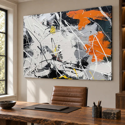 White Field in Motion: White and Orange Textured Abstract Wall Art — office frameless