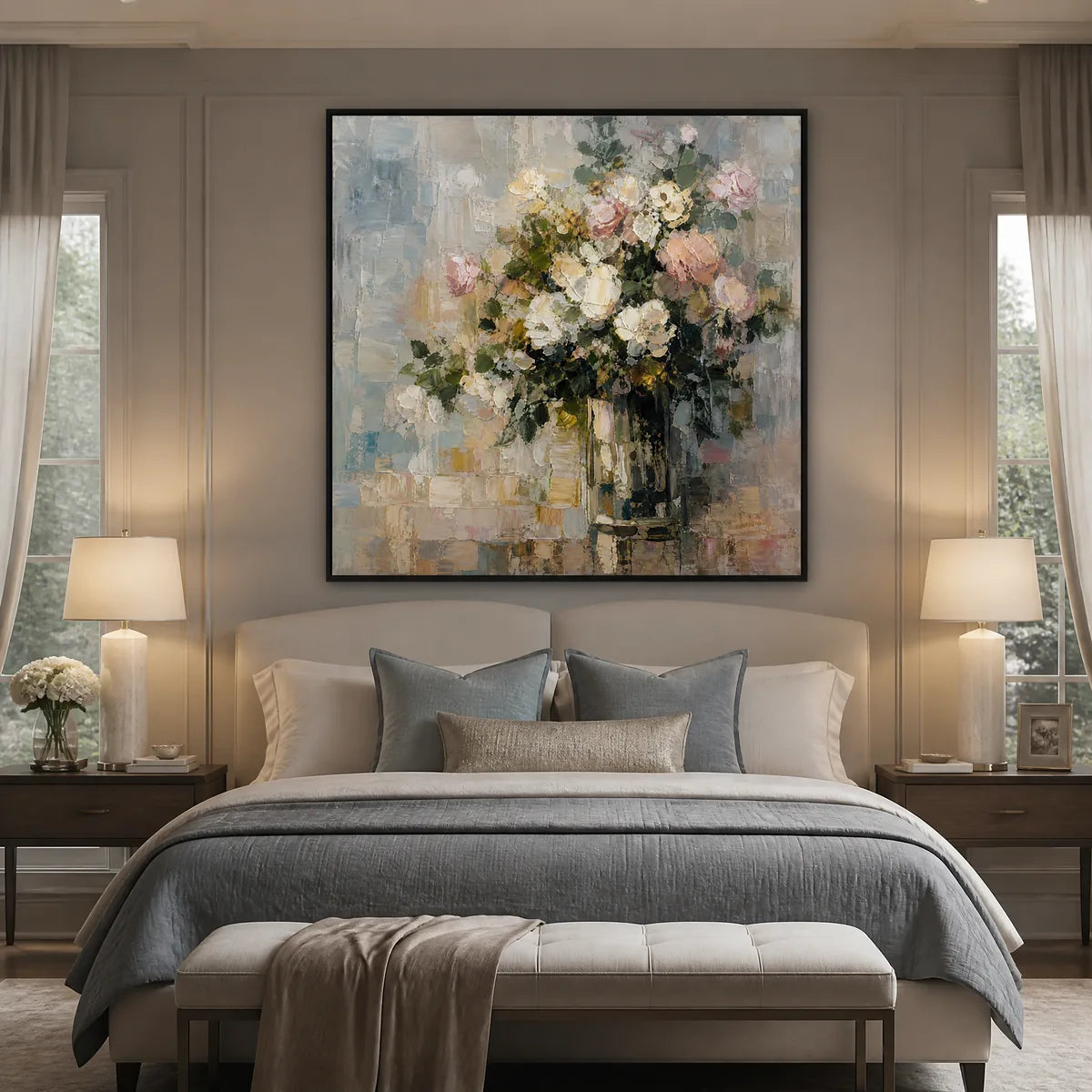 White Bloom: Soft Floral Wall Art - bedroom black frame