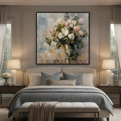 White Bloom: Soft Floral Wall Art - bedroom black frame