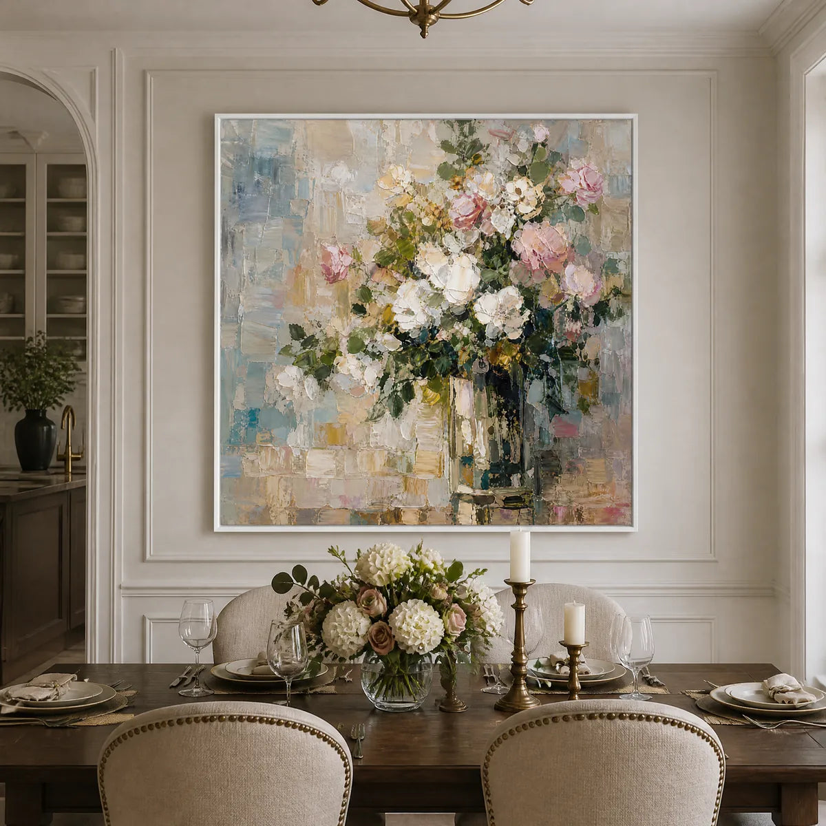 White Bloom: Soft Floral Wall Art - dining room white frame