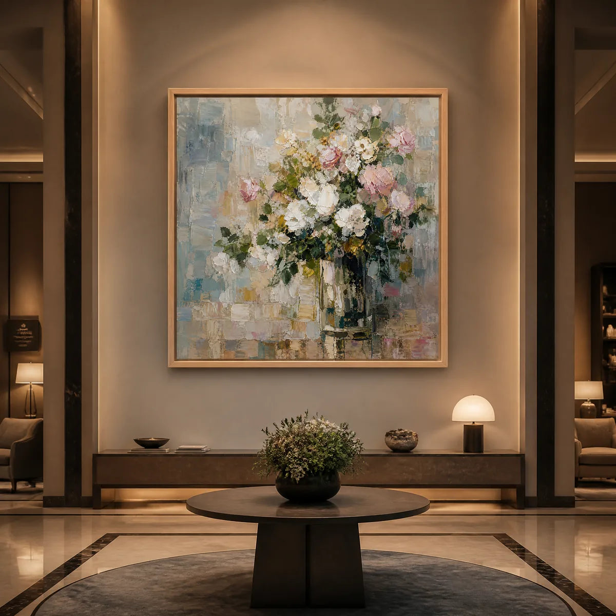 White Bloom: Soft Floral Wall Art - hotel wood frame
