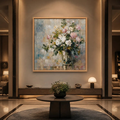 White Bloom: Soft Floral Wall Art - hotel wood frame
