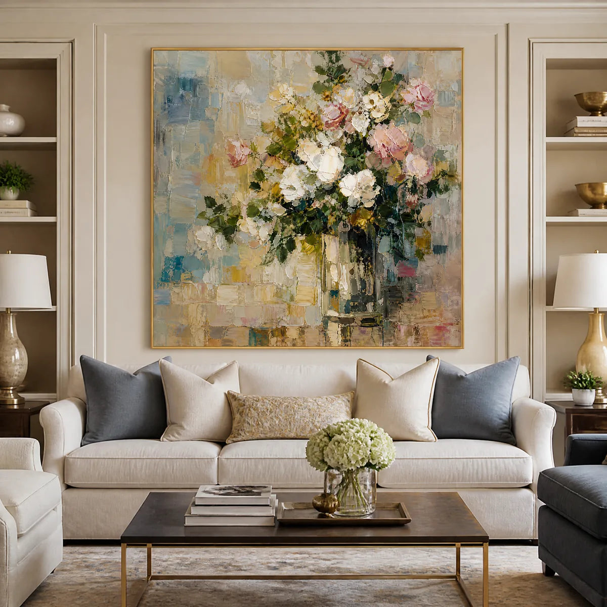 White Bloom: Soft Floral Wall Art - living room gold frame