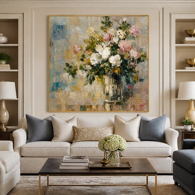 White Bloom: Soft Floral Wall Art - living room gold frame