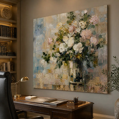 White Bloom: Soft Floral Wall Art - office stretched canvas