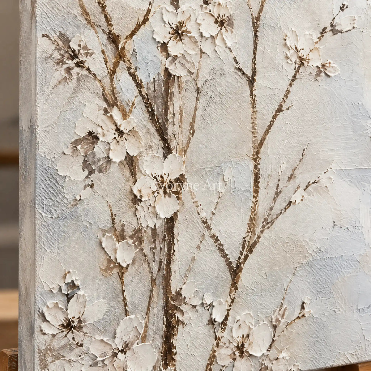 Petal Murmur: White Blossom Branches Wall Art — detail easel