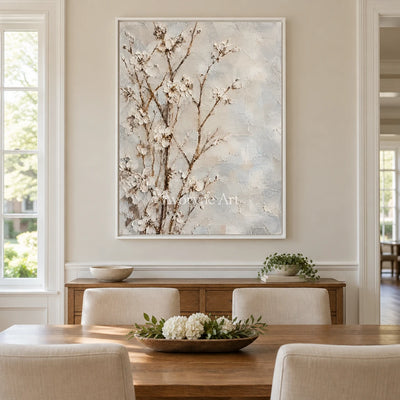 Petal Murmur: White Blossom Branches Wall Art — dining white