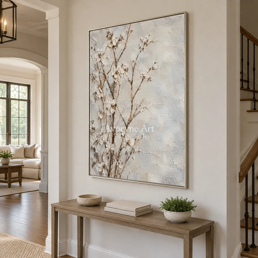 Petal Murmur: White Blossom Branches Wall Art — entry silver