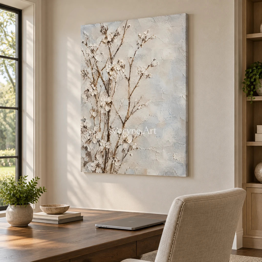 Petal Murmur: White Blossom Branches Wall Art — office frameless