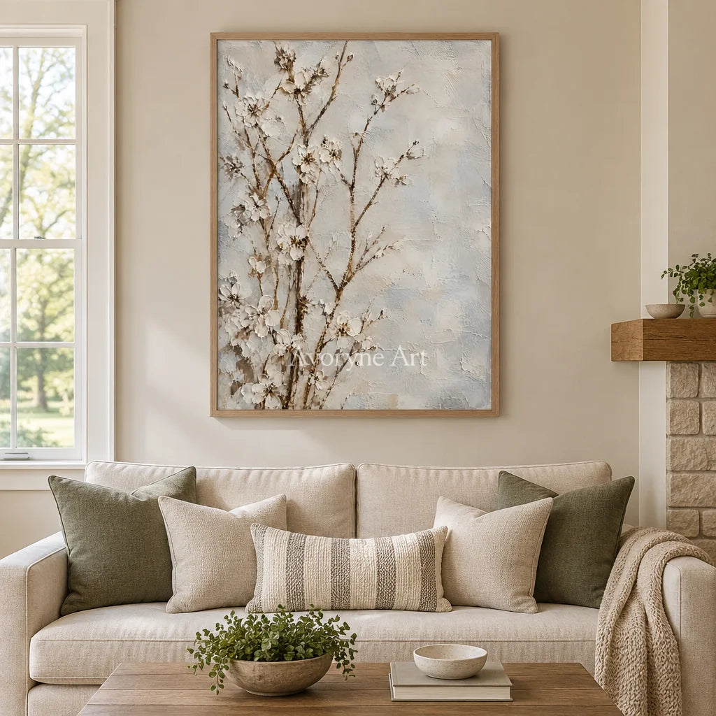 Petal Murmur: White Blossom Branches Wall Art — villa wood