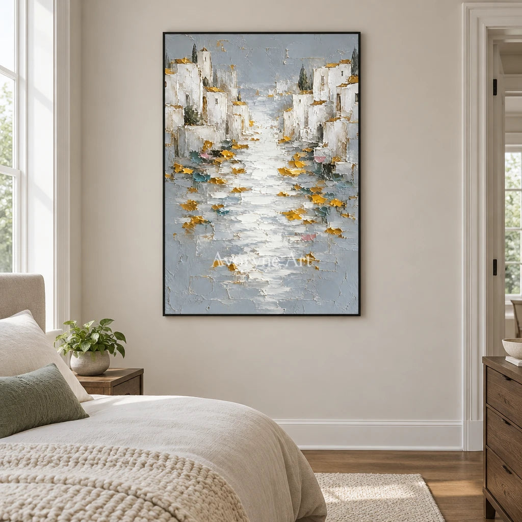 Sunlit Mooring: White Coastal Town Art — bedroom black