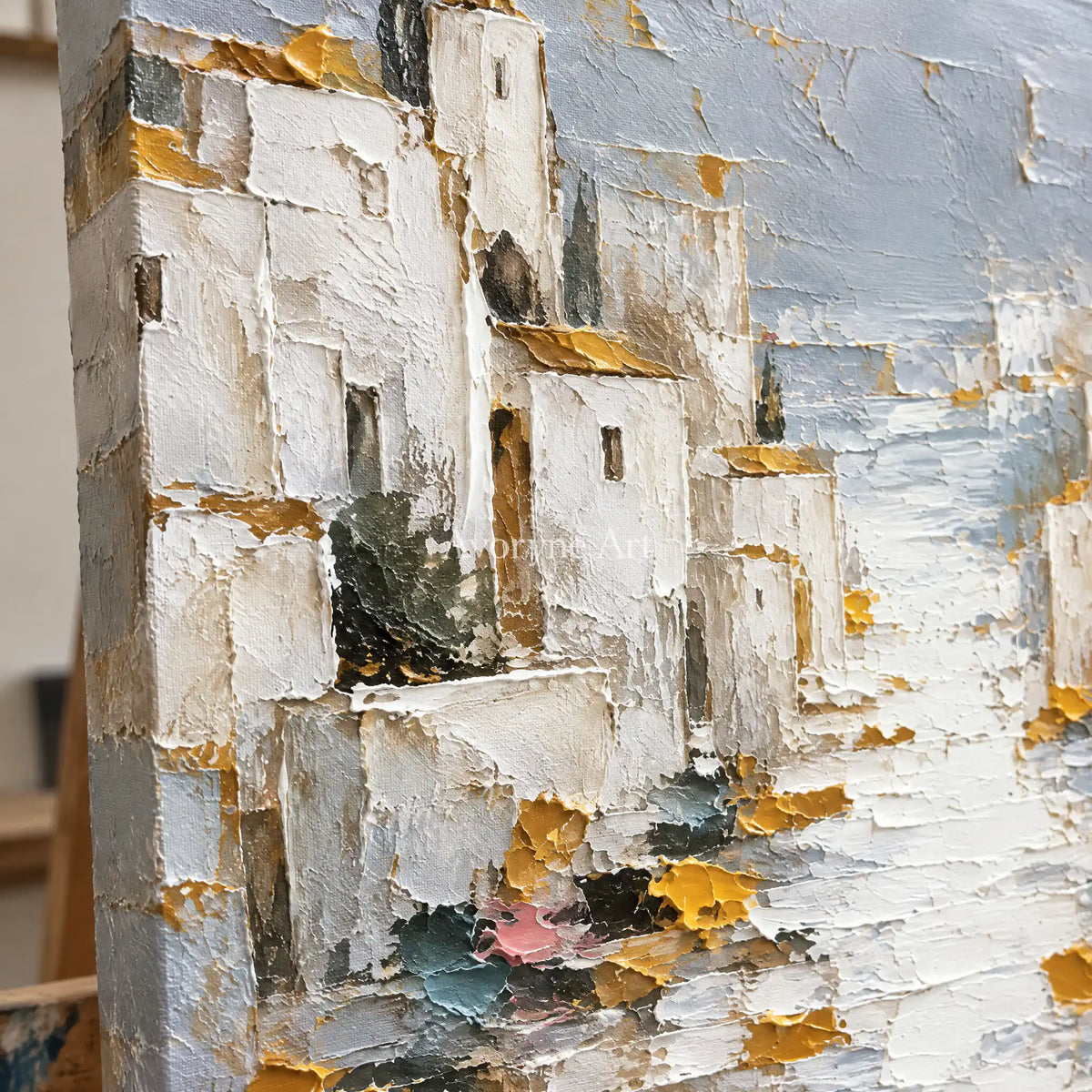 Sunlit Mooring: White Coastal Town Art — detail easel