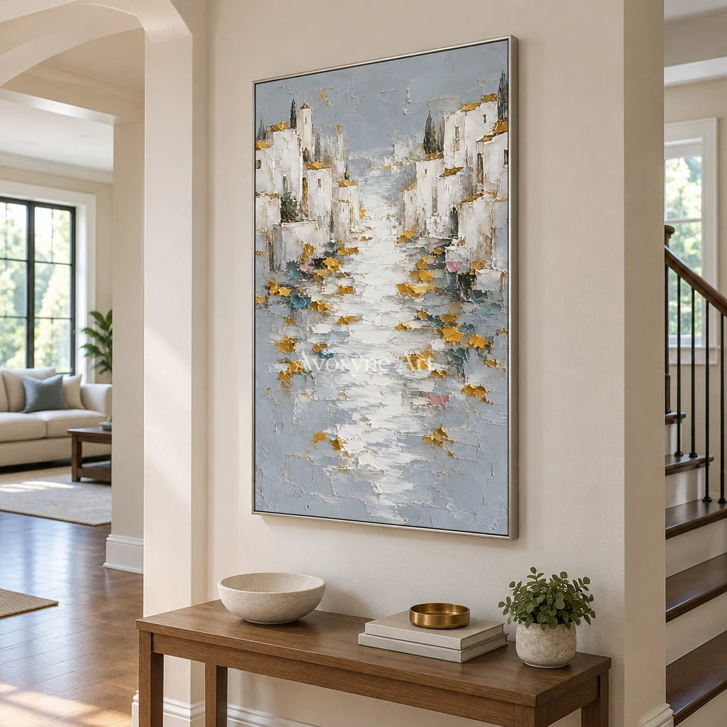Sunlit Mooring: White Coastal Town Art — entry silver