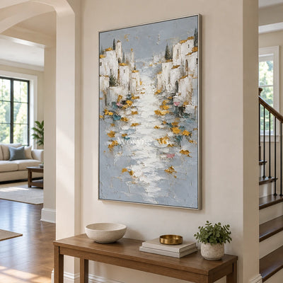 Sunlit Mooring: White Coastal Town Art — entry silver