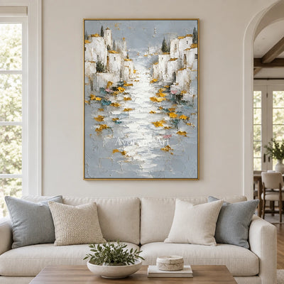 Sunlit Mooring: White Coastal Town Art — living gold