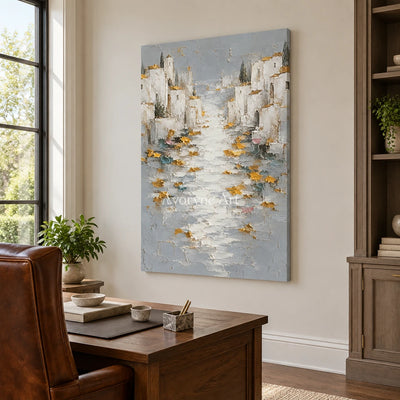 Sunlit Mooring: White Coastal Town Art — office frameless