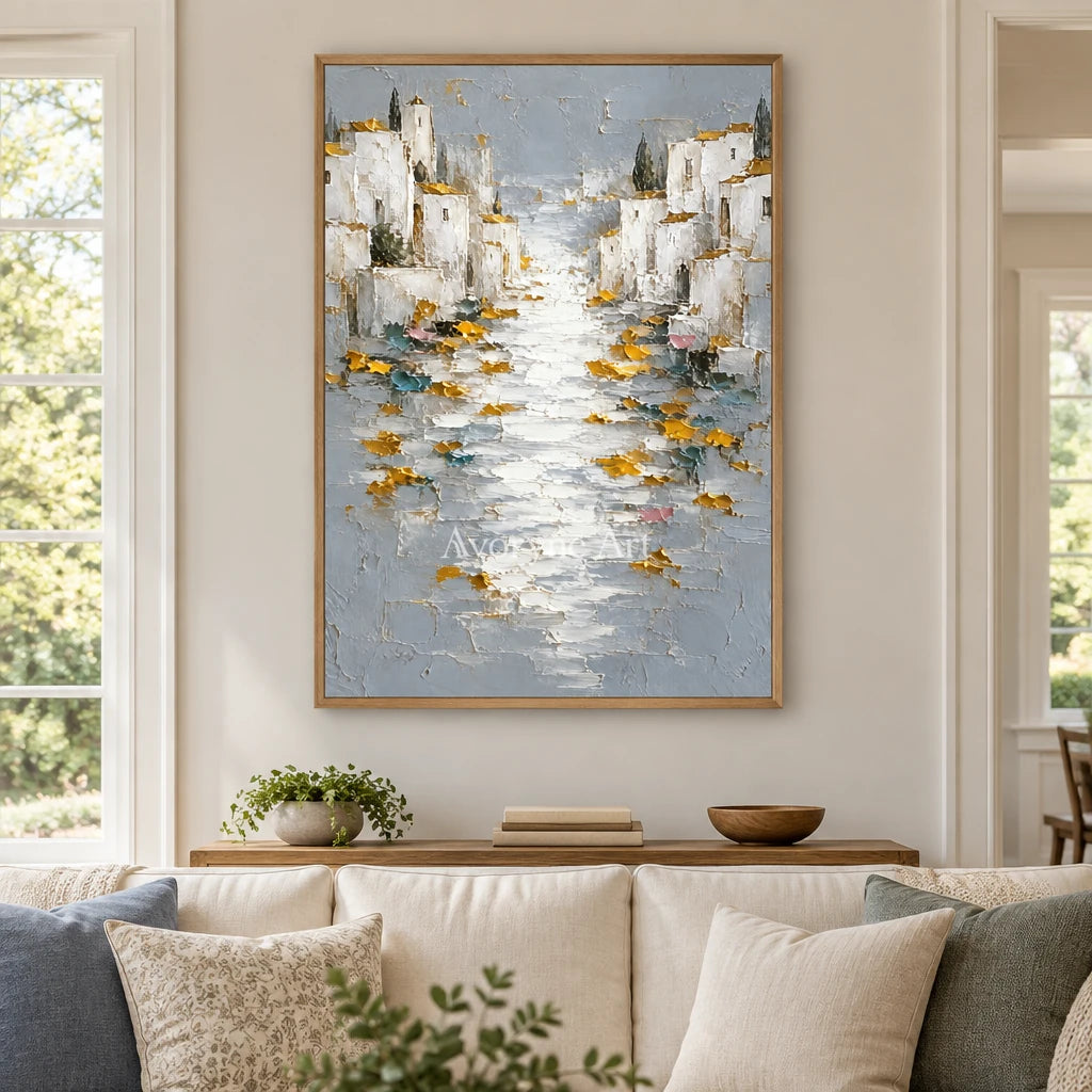 Sunlit Mooring: White Coastal Town Art — villa wood