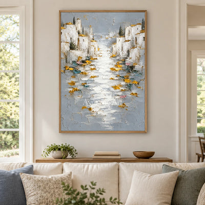 Sunlit Mooring: White Coastal Town Art — villa wood