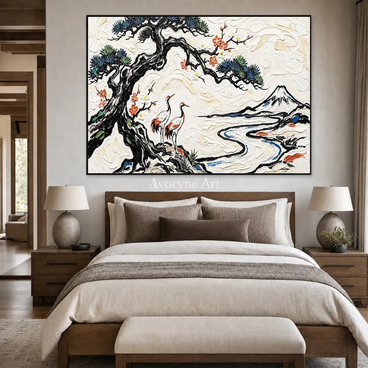Pinewater Passage: White Crane and Mountain Landscape Wall Art — bedroom black