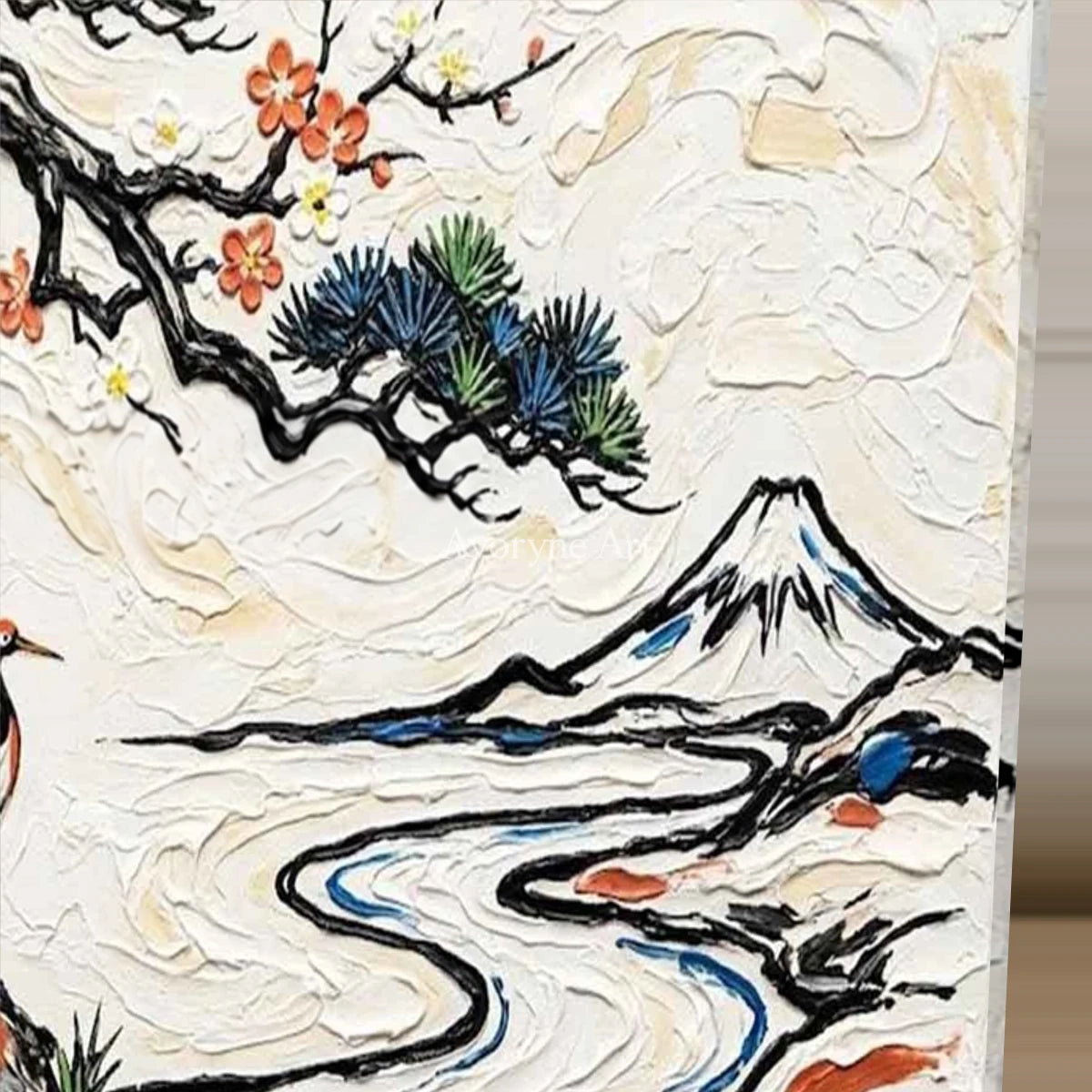 Pinewater Passage: White Crane and Mountain Landscape Wall Art — detail easel