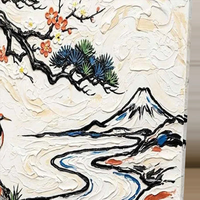 Pinewater Passage: White Crane and Mountain Landscape Wall Art — detail easel