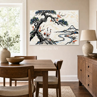 Pinewater Passage: White Crane and Mountain Landscape Wall Art — dining white