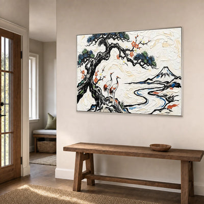 Pinewater Passage: White Crane and Mountain Landscape Wall Art — entry silver